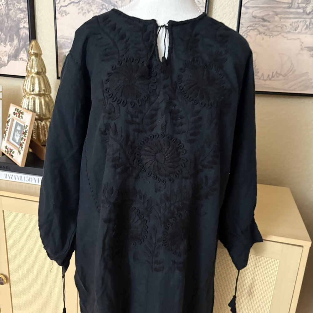 NILI LOTAN‎ Black Embroidered Floral 100% Linen Scoop Maxi Kaftan Dress Size XS - Picture 2 of 10